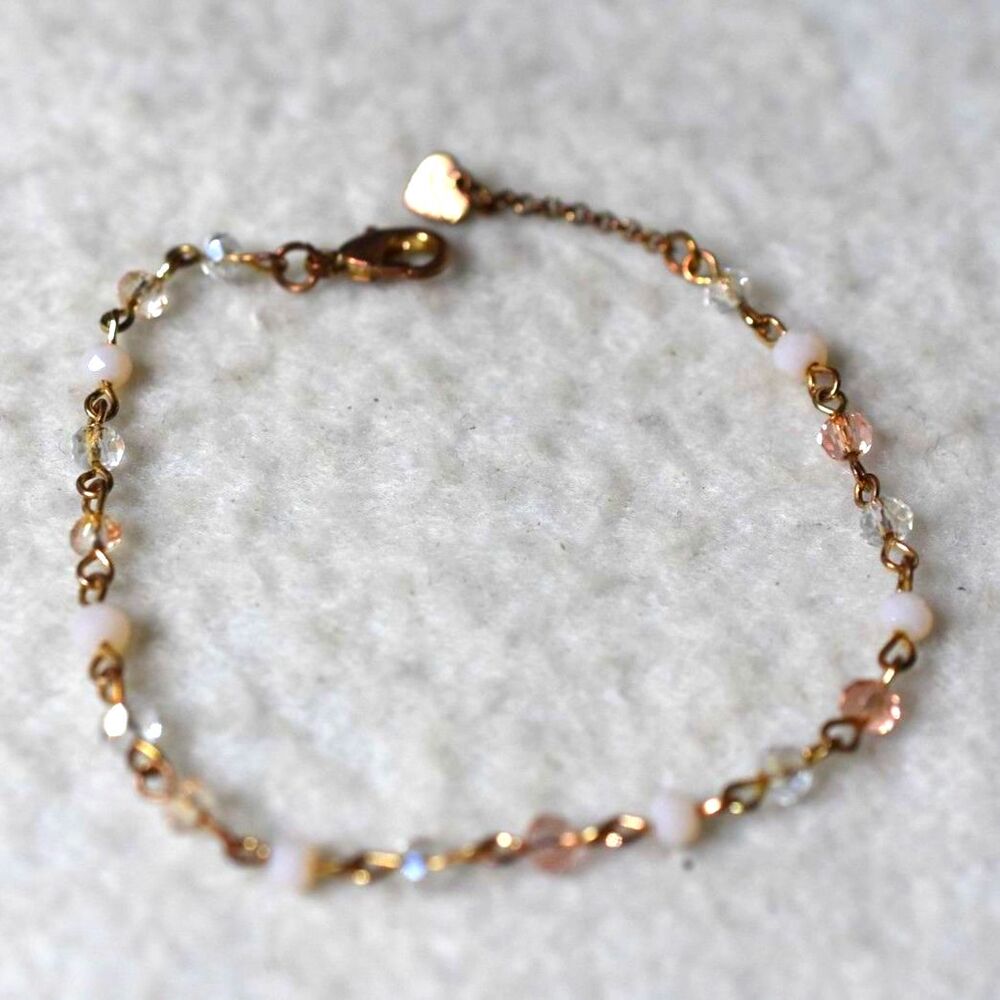 Vintage Aldo Copper Beveled Link Pink/Clear/White Beads 7" Delicate Y2K Bracelet